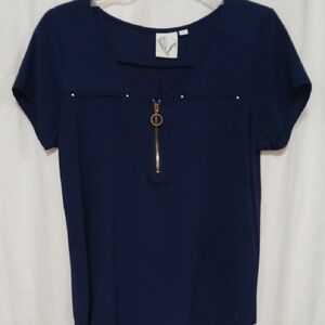 Elegant Navy Blue Women's Blouse with Gold Zipper